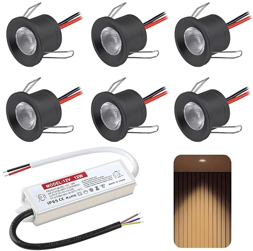 LED Einbaustrahler 12V 2W, mini Led Spot Warmweiß, Deckenspots Einbauleuchten 25-28mm EinbauØ,IP65 LED Spots für Badezimmer Küche Carport Treppe, mit 230v trafo,6er Set (Schwarz Warmweiß 3000k)