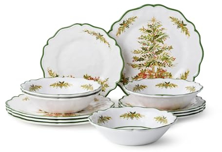 Holly Tree Holiday 12pc Dinnerware Set – Festive Melamine Plates and Bowls for Christmas Entertaining, Indoor/Outdoor Use, Break-Resistant, and Dishwasher Safe