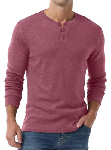 PrinStory Henley t-shirt för män långärmade toppar casual tröja t-shirt för män, röd, XL