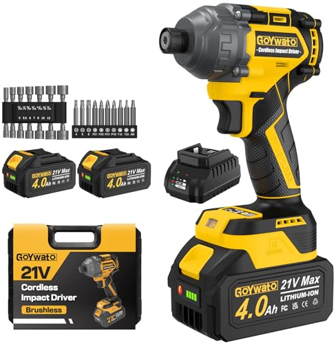 Visseuse à Chocs Sans Fil 300N·m, Réception Hex 1/4, 21V Tournevis à Percussion pour Travaux de Vissage Difficiles, Moteur Sans Balais & 2 Batteries 4.0Ah & 14 Douilles & 10 Embouts de Tournevis