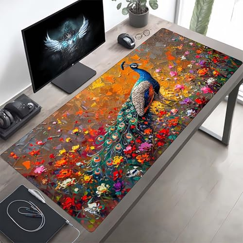 Gaming Mauspad 1600x800x3mm Gaming Mousepad XXL Gelb Pfau Mauspad Schreibtischauflage, Genähte Kanten Mausmat, rutschfeste Gummibasis, Schreibtisch Schutz für Home Büro, Geschenke PjY9880 C-8