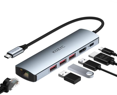 USB C Hub 10Gbps, KOZYC USB C Hub Ethernet HDMI 4K @60Hz, 1Gbps RJ45 Ethernet, 3 puertos USB 3.2 Data Ports, 100W PD Compatible Avec MacBook Air/Pro, XPS13/15, Dell