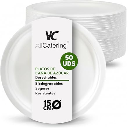 AC ALL CATERING 100 Platos Desechables de Caña de azúcar Redondos de 15 cm. Ecológicos, Biodegradables y Resistentes para Picnics, Barbacoas, Fiestas y Cumpleaños. 100 Platos