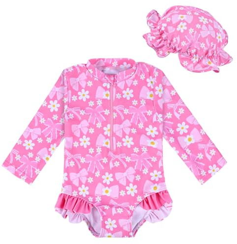 Yoolhamy Flicka baddräkt med solhatt långärmad rashguard jordgubbsrosett strand badkläder för spädbarn småbarn från 3 månader till 2 år