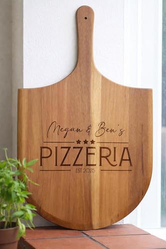 The Handmade Sign Company Personalised Acacia Wood Pizza Paddle Peel, Engraved Serving Board, 56cm x 36cm