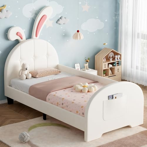 Ojjxh 3ft Single Upholstered Bed Frame with Bunny Ear Headboard, 90x190 cm Rabbit-Shaped Bed Frame with Footboard Storage Pocket and Sturdy Metal Wood Frame, PU, Easy Assembly, No Mattress (White)
