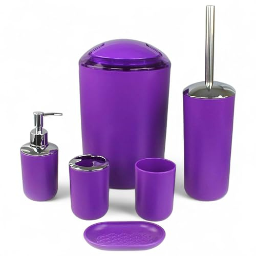 6tlg Badset Badezimmer Zubehör Set Organizer: Seifenspender, Zahnputzbecher, Kosmetikeimer, WC Bürste und Halter, Seifenschale, Mülleimer, Zahnbürstenhalter, Badgarnitur (Lila Design 3)