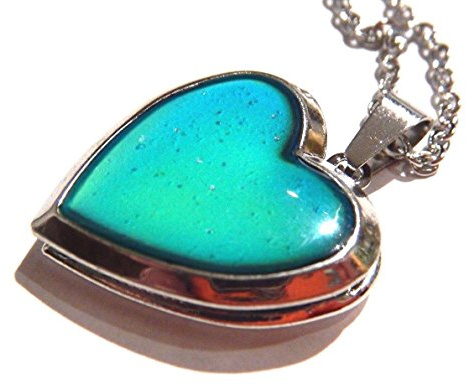 Glitter Heart Locket Mood Pendant on Silvertone Chain Necklace Color-Changing thermochromic