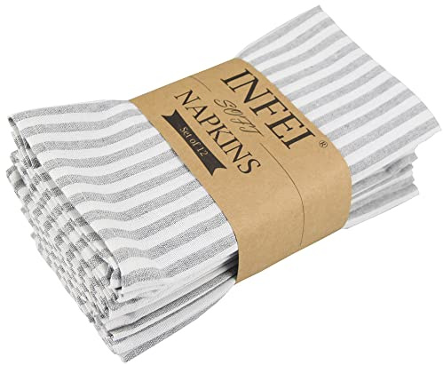 INFEI Plain Striped Cotton Linen Blended Dinner Cloth Napkins - Set of 12 (40 x 30 cm) - for Events & Home Use (Grey)