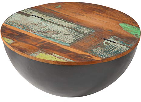 invicta INTERIOR Massiver Couchtisch Jakarta 70cm grau rund aus recycelten Fischerbooten Massivholz Wohnzimmertisch Metall Korpus