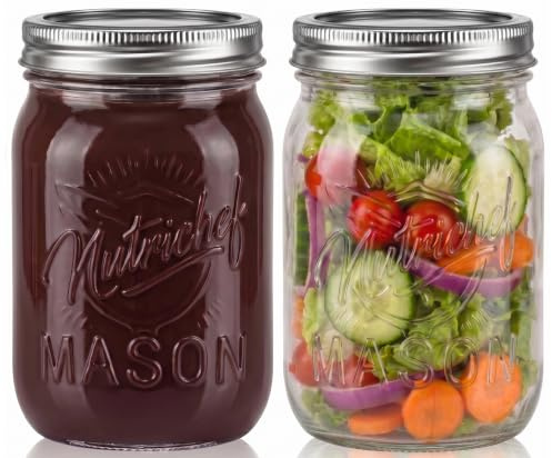 NutriChef Glass Jars With Lids – 2 Pack 450 ml Mason Jars, Thick Glass, Airtight Lids, Storage for Overnight Oats, Yogurt, Jam, Honey, Pickling and Food Prep