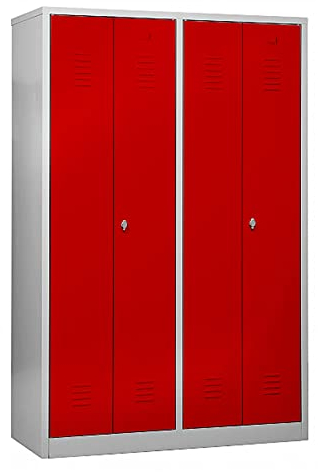 Schrank & Stuhl Doppelspind mit Trennwänden – zur Trennung von Arbeits- und Privatkleidung 180x117x50cm, 4 Abteile für Zwei Personen, Drehriegelverschlüsse, Grau/Rot