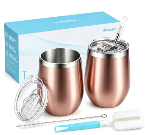 BeBeiZi 2 Stück Weinbecher Edelstahl, 350ml Stemless Weinbecher Mit Deckel Und Strohhalm, Vakuumisolierte Reisekaffeetasse für Cocktails, Coffee, Hochzeitsgeschenk, Geburtstag Frauen, DIY