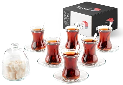GOSOYO Set da tè tradizionale turco da 19 pezzi Include; 6 bicchieri tazze da tè (4,5 once), 6 piattini, 6 cucchiai in acciaio inossidabile e una zuccheriera con coperchio in vetro (8,6 once).