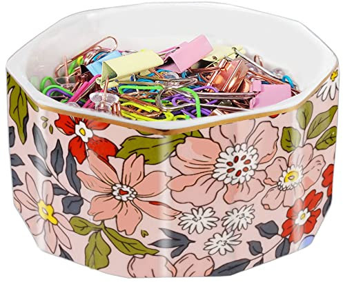 LEAZUL Keramik-Büroklammerhalter Goldlinie Büroklammer Spender Organizer für Schreibtisch Niedliches Blumenmuster Büro Binder Clip Halter Bobby Pin und Haarspange Halter Geschenk für Büro Rosa Blumen