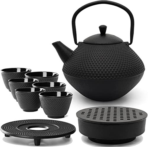 Bredemeijer Asia Gusseisen Teekanne Set 1.0 Liter mit Edelstahl Tee-Filter Sieb-Einsatz - Teewärmer & 6 Becher (Tassen) & Untersetzer - 9-teiliges Teeset für losen Tee