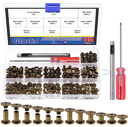 Glarks Chicago-Schrauben, Ledernieten mit Stanz- und Schraubendreher-Set, M5 x 4/5/6/8/10/12 mm, Chicago-Knopf-Bindungsschraube für Bastelarbeiten, Buchbindung, Schwarz, Bronze, 110 Sets, 6 Größen