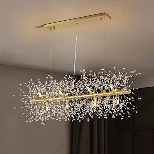 Moderna araña de cristal de fuegos artificiales, araña rectangular de diente de león dorado para comedor, dormitorio, salón (12 luces, 92cm)