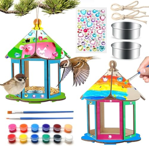 Col-Pary DIY Wooden Art Craft Kit, Bird Feeders Bird House for Garden,Outdoor Hanging,STEM Painting Art Activities Crafts, Outside Toys Gifts for Children Boys Girls Age 8-12 4-6 6-8 3-5(2 Pack)