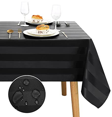 JIUZHEN Mantel de Mesa Impermeable Antimanchas con Efecto Loto, Mantel Negro a Rayas para Exterior y Jardín, Lavable, Tamaño Rectangular 135 x 180 cm