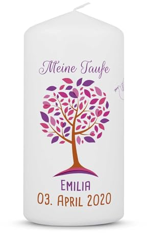 GRAVURZEILE Candela per battesimo con albero della vita con nome, data e battesimo – Candela di alta qualità 120/57 mm stampata brillantemente – Regalo di battesimo personalizzato per ragazze e