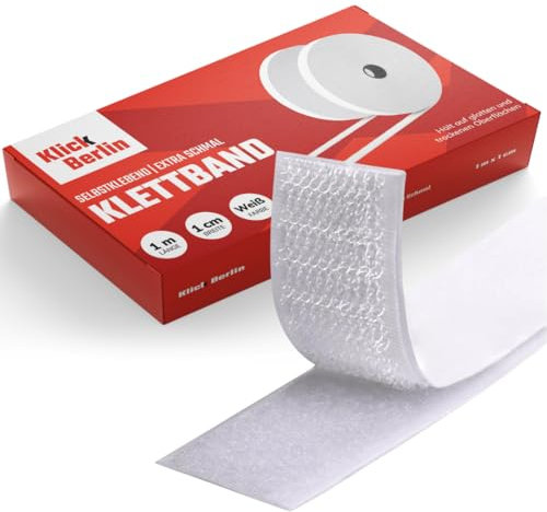 Klick Berlin extra schmales Klettband selbstklebend 1 cm x 1 m | Klett Klebeband klebt auf vielen Flächen | Klettverschluss | 10 mm breit, 1 Meter lang | Weiß