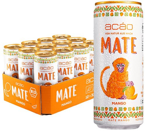 acáo Bio Mate Mango (12 × 330 ml Dose) – super fruchtig, kalorienarm – Natural Energy Drink, koffeinhaltiges Erfrischungsgetränk – Mate Tee