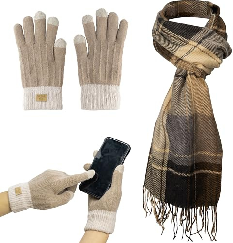 GwaOery Damen Winter Schal Touchscreen Handschuhe Set, Braun Winterschals Warme Touchscreen Handschuhe Gestrickte Fingerhandschuhe Weicher Warmer Schal Weihnachten Geburtstag Geschenke für Damen Männe