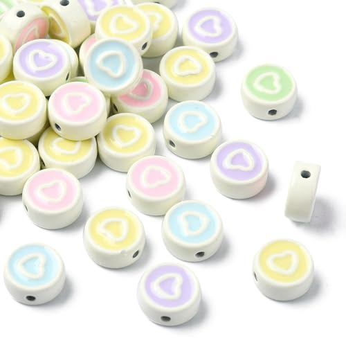 UR URLIFEHALL Flache runde Emaille-Perlen mit Herzmuster, bunte Metall-Abstandshalter, lose Perlen für DIY-Schmuck, Handwerk, Schlüsselanhänger, Handyanhänger, 40 Stück