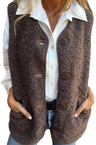 Women's Fall Button Down Short Warm Vest, Winter Women's Warm Suede Vest Jacket, Lightweight Button Down Cropped Warm Vest, Sleeveless Warm Vest with Pockets (Brown,M)