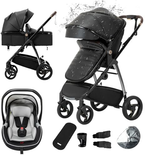 Gcarebb PU Leder 3 in 1 Kinderwagen, Buggy Mit Auto Babyschale, Mit Einem Klick Zusammenklappbarer Tragbarer Kinderwagen Komplettset, KombiKinderwagen Mit Aluminiumrahmen für Neugeborene 0-4 Jahre