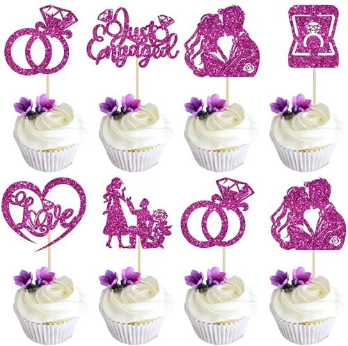 Ephlyn 24Pcs Just Engaged Cupcake Toppers Glitter Ring Love Propose Engagement Cupcake Pick Decorations for Bridal Shower Engagement Wedding Decoration Party Supplies Purple