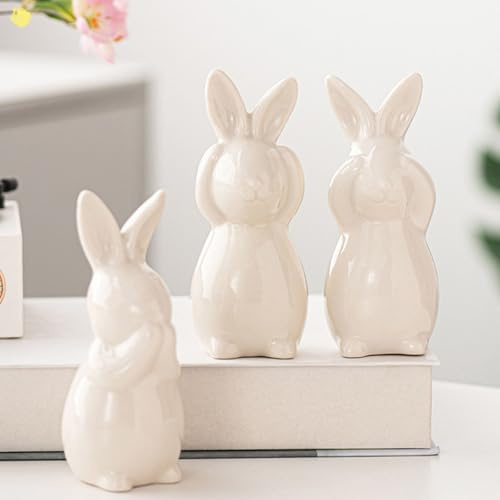 Nexoria Osterdeko Hase Deko, 3 Stück Osterhasen Figuren Osterhase für Osterdeko Aus Keramik Porzellan Hase Kaninchen Dekofigur Frühlingsdeko Osterdeko Tisch für Wohnzimmer Büro Party (Weiß)