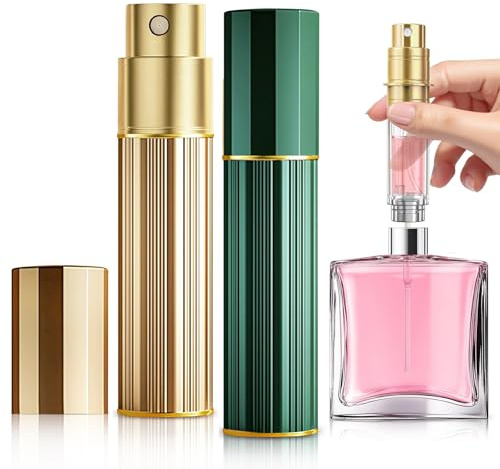 Traimber-seven Perfume Atomiser, 5ml Perfume Travel Bottle, Refillable Perfume Bottle Mini Atomiser Spray Perfume Dispenser Refill Bottle fits Purse Handbag Pocket for Women Men (Gold+Green)