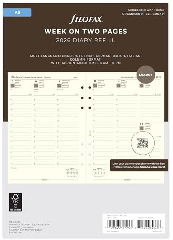 Filofax A5 Woche auf zwei Seiten Spaltenformat 5 Sprachen Cotton Cream 2026 Terminplaner 26-68513