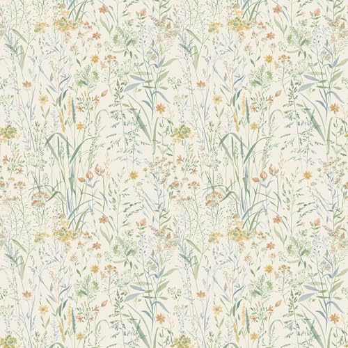 Grandeco Free Flower Summer Meadow Sprigs and Grasses Smooth Wallpaper, Neutral Green