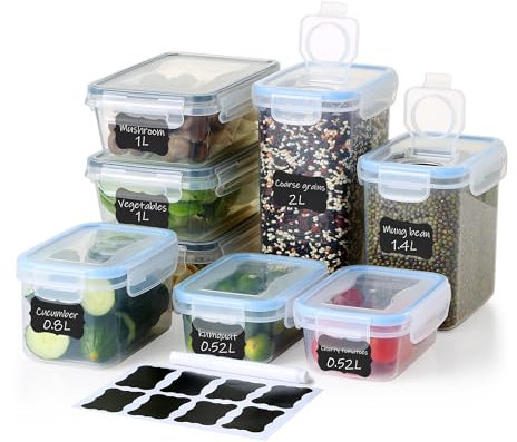 Ordeluxe 8 Contenitori Ermetici per Alimenti,scatola ermetica per alimenti, scatola alimentare in plastica per cucina, conservazione degli alimenti per farina, cereales