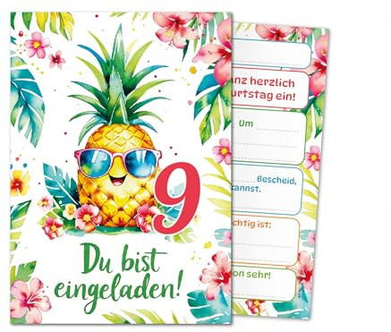 Junaversum 12 Einladungskarten zum 9. Kindergeburtstag Mädchen Ananas Kinder Sommer coole bunte Einladungen neunte Geburtstag Geburtstagseinladungen Kids