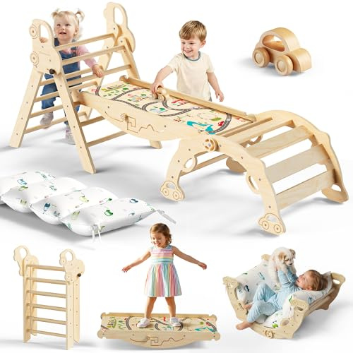 Bimomiki Pikler Triangle Climbing Set with Cushion, Foldable Climbing Toys Indoor, Montessori Toddler Gym, 10-in-1 Climber & Playground, Gift for Christmas, Birthday, New Year (Woodland Cabin)