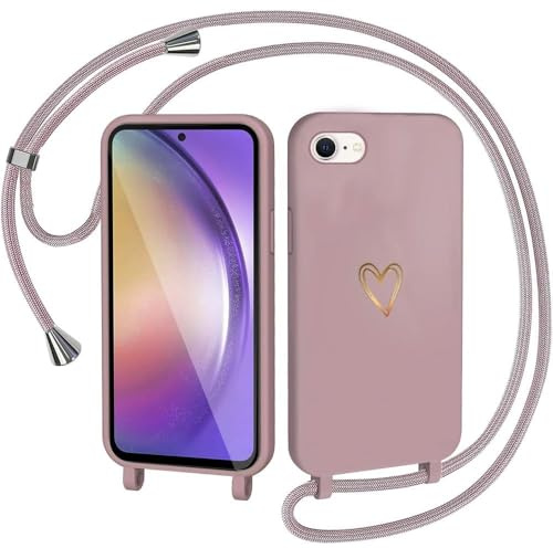 CaseLover Handyband für iPhone 8/7/SE 2022/SE 2020 Hülle mit Band, Pink | Herz Muster, Silikon Necklace Handyhülle mit Abnehmbar Kordel zum Umhängen, Stossfest Bumper Handy Schutzhülle Case 4.7 Zoll