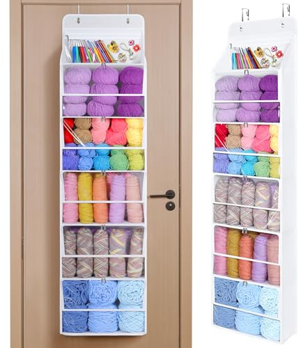 Univivi Hanging Yarn Storage Organizer mit 6 Zipper, Clear White | Reißverschluss-Fächer, Große Kapazität, Über die Tür hängend, Für Stricknadeln, Für Häkelnadeln