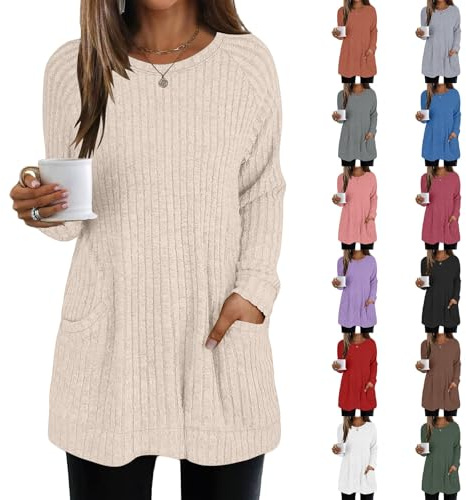 AMDOLE Women's Lightweight Jumpers with Pocket Long Sleeve Tops Casual Round Neck Ladies Curved Hem Tunic Top Long Tops to Wear with Leggings Ladies Lightweight Knit Jumpers Sweater Beige XL