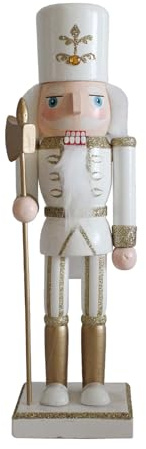 Rebecca Mobili Statue Soldatino Casse-Noisette, Figurine Casse-Noisette, Bois, Blanc Or, Idée Cadeau, Déco Noël, Ornements Élégants - Dimensions HxLxP : 25 x 6,5 x 7,5 cm - Art. RE7070