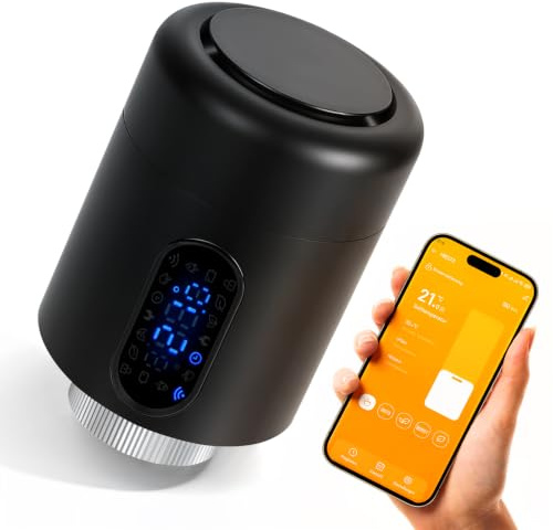 Ollewiellan Heizkörperthermostat, Boost- & Eco-Modus, Schwarz, 2 Stück | Flammhemmendes PC/ABS, 2,4-GHz-WLAN ohne Hub, Smart Life/Tuya App, 5-35 °C, Wochenprogramm, Kindersicherung, 7 Ventiladapter