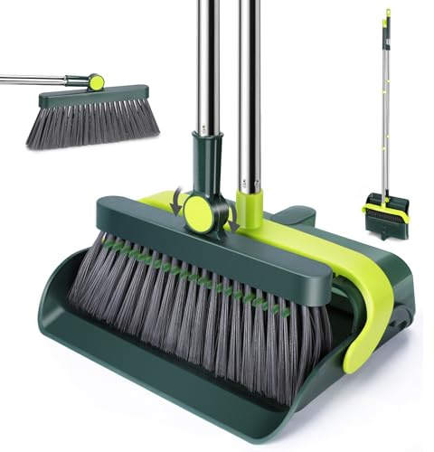 OZD Dustpan and Brush Sets Long Handle, 180° Rotating Broom and Dustpan Set with Comb Teeth, View Window & Adjustable Stainless Steel Handle for Home Kitchen Office Lobby Indoor Outdoor Cleaning