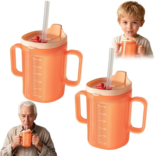 KUWUNG 2 Pcs Sippy Cup for Adults, 300ml Adult Sippy Cups for The Elderly Non Spill, Beakers for Elderly with 2 Handles, Drinking Cup with Lid and Straw, Non Spill Cups for Elderly, Adult (Orange)
