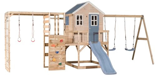 Wendi Toys M28PB-G Maison de Jeux sur pilotis avec Toboggan balançoire Double et Mur d’Escalade, Aire de Jeux Bois FSC Enfant Jardin extérieur, Plateformes 90/120 cm, Filet, Anneaux, 342×563×242 cm