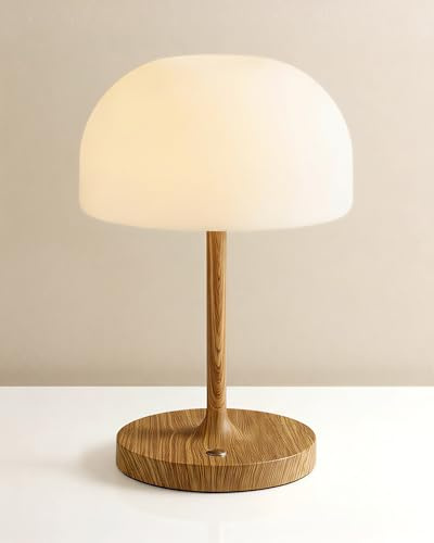 VoMii Mushroom Lamp, 9” Cordless Table Lamp Waterproof Shower Lamps with 4000mAh Battery Rechargeable & 3 Color Temperatures, Dimmable LED Night Light for Bathroom, Bedroom & Home Decor - Wood Grain