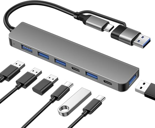 DEMKICO Hub USB 7-in-1 Dual-Head, Spina USB-A & USB-C, 1× USB 3.0, 4× USB 2.0, 2× Porte Dati USB-C, Adattatore Multi-Dispositivo ad Alta Velocità per Laptop, Tablet & Telefoni
