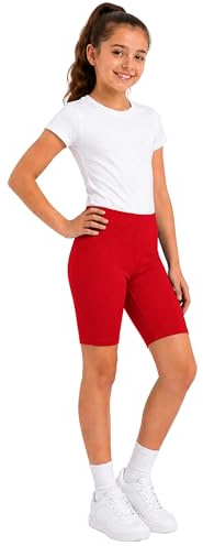 Just Juniors - Girls Cycling Shorts - Shiny Stretch for Dance Gymnastics PE School Sports, Elastic Waistband, Ages 5-12, Multiple Colors (Red 11-12)